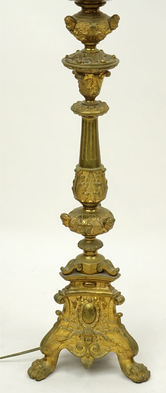 19th Century Gilt Bronze Pricket Stick Mounted as Lamp with Frosted Glass Shade