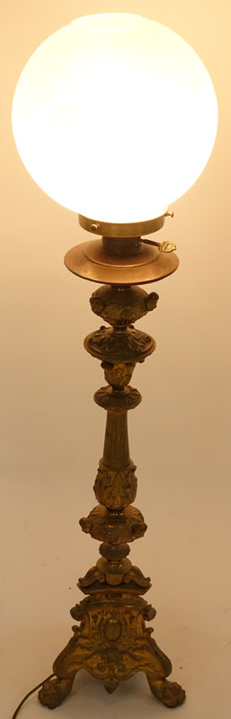 19th Century Gilt Bronze Pricket Stick Mounted as Lamp with Frosted Glass Shade