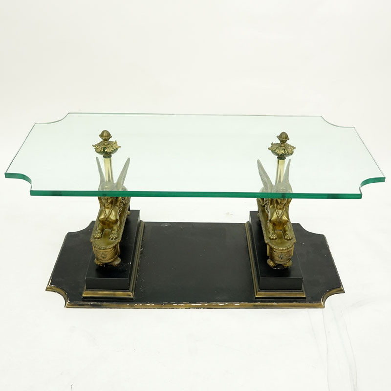 Mid Century Egyptian Revival Bronze, Wood, and Glass Top Coffee Table