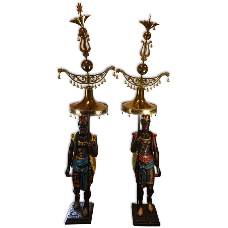 Pair of 20th Century Polychrome Wood and Brass Blackamoor Sculptures Mounted as Lamps