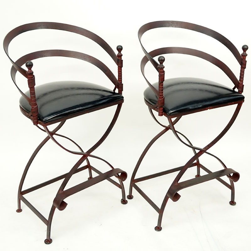 Pair of Mid Century Wrought Iron Bar Stools with Black Vinyl Seats