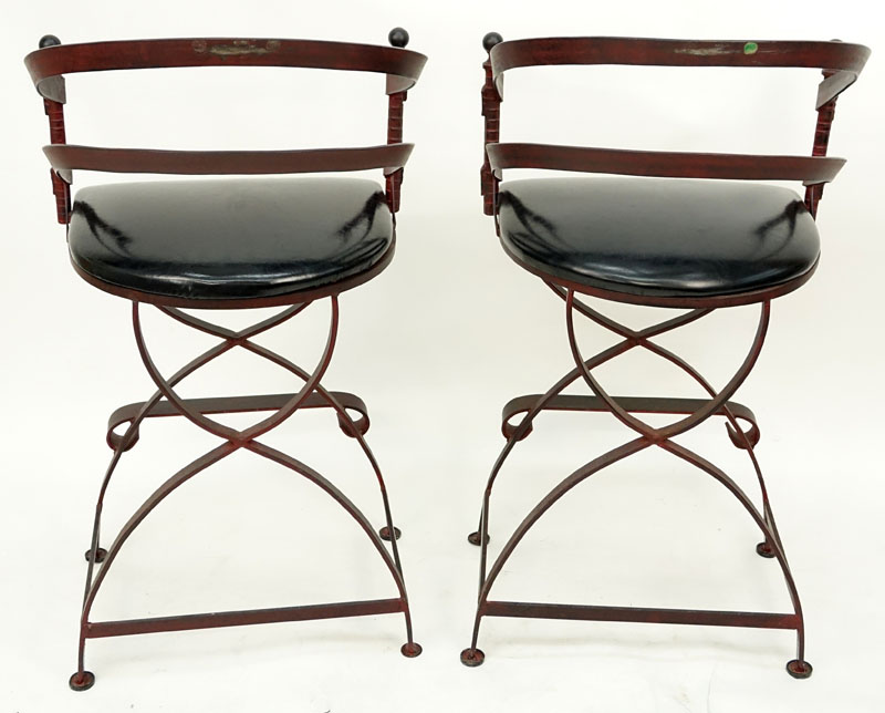 Pair of Mid Century Wrought Iron Bar Stools with Black Vinyl Seats