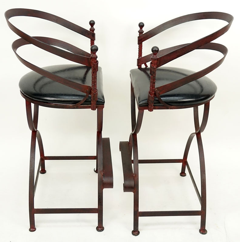 Pair of Mid Century Wrought Iron Bar Stools with Black Vinyl Seats