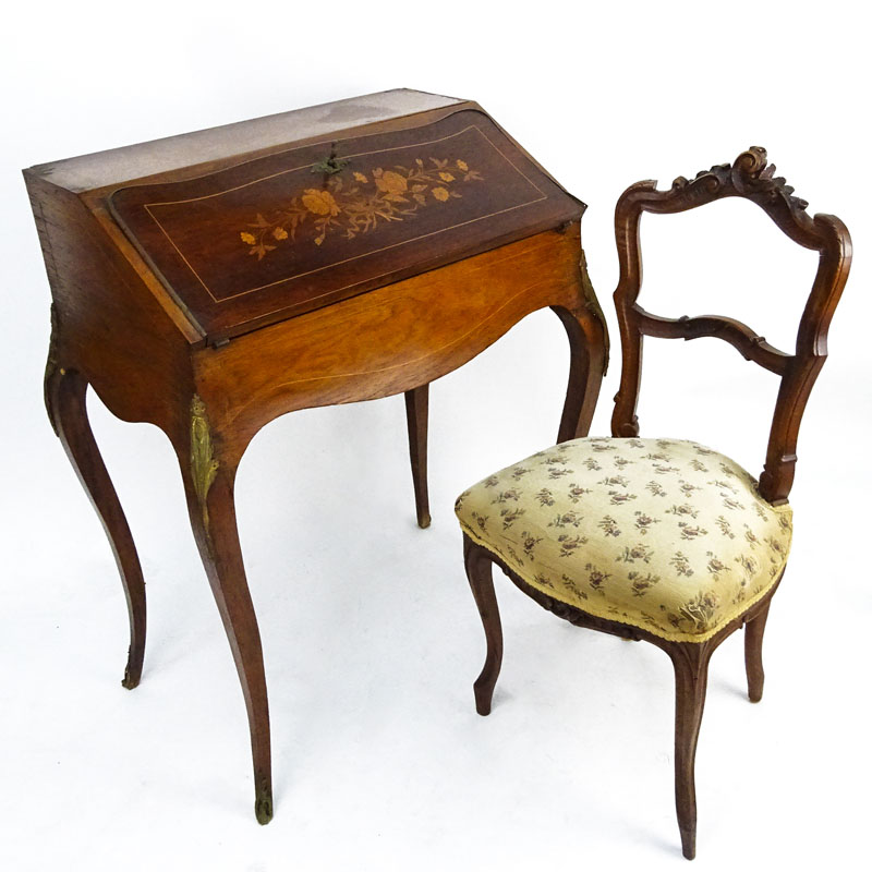 Early 20th Century Louis XV style Bronze Mounted Marquetry Inlaid Rosewood Lady's Writing Desk, Bonheur de Jour together with an antique carved Louis XV style chair