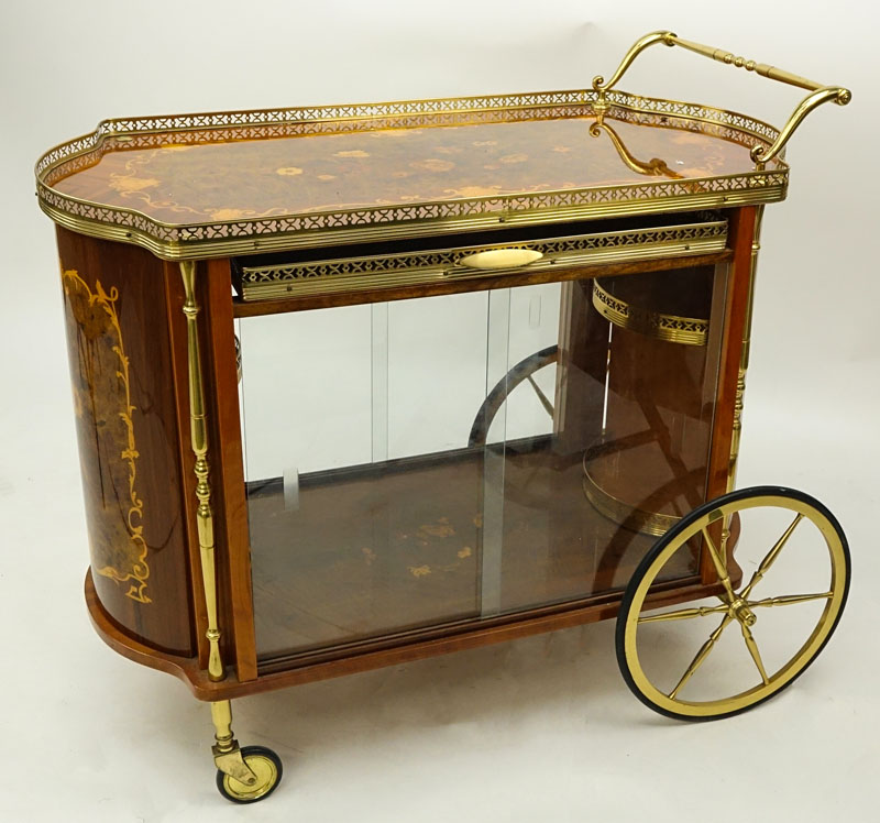 Mid Century Italian Marquetry Inlaid Brass Mounted Lacquered Rolling Tea Cart