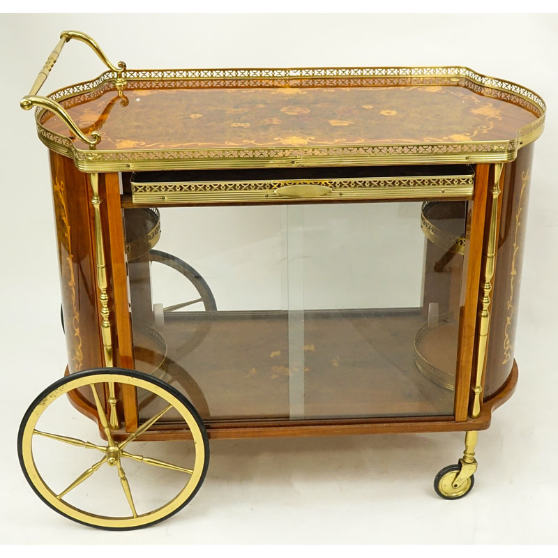 Mid Century Italian Marquetry Inlaid Brass Mounted Lacquered Rolling Tea Cart