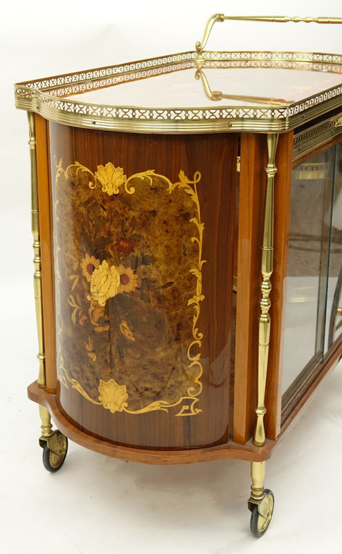 Mid Century Italian Marquetry Inlaid Brass Mounted Lacquered Rolling Tea Cart