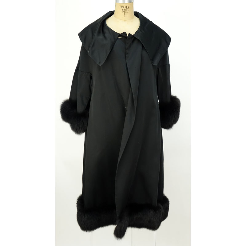 Lady's Vintage Black Silk Evening Coat with Fox Trim