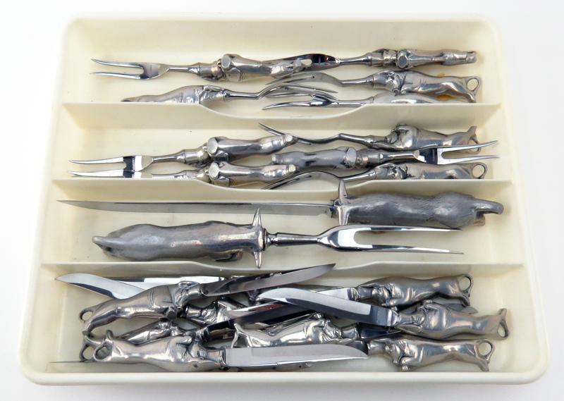 Twenty Two (22) Piece Bruce Fox Pewter Flatware with bull Motif