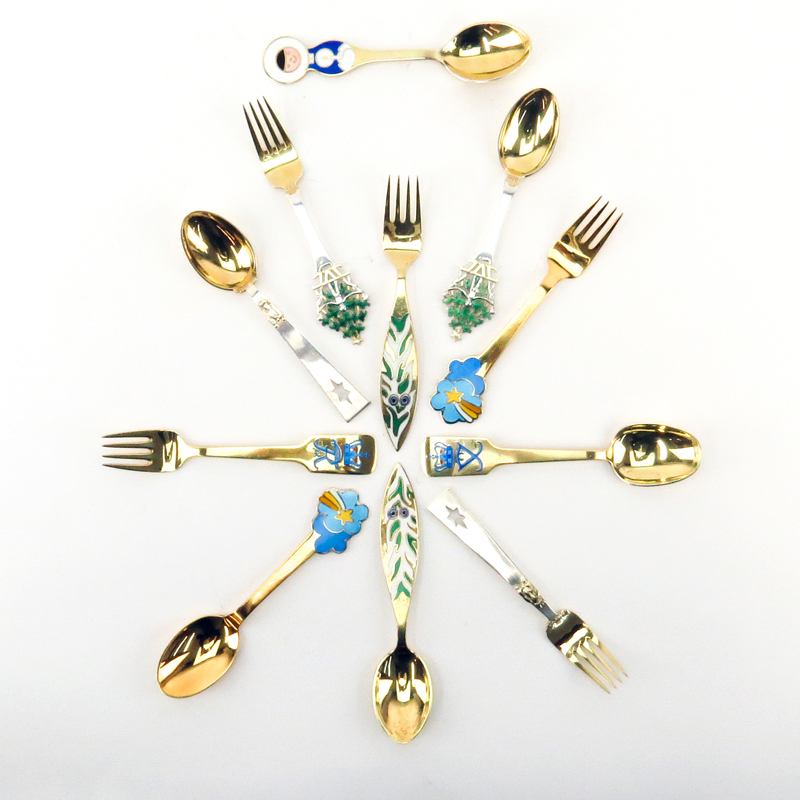 Grouping of Eleven (11) Piece A. Michelsen Sterling Silver and Enamel Flatware.