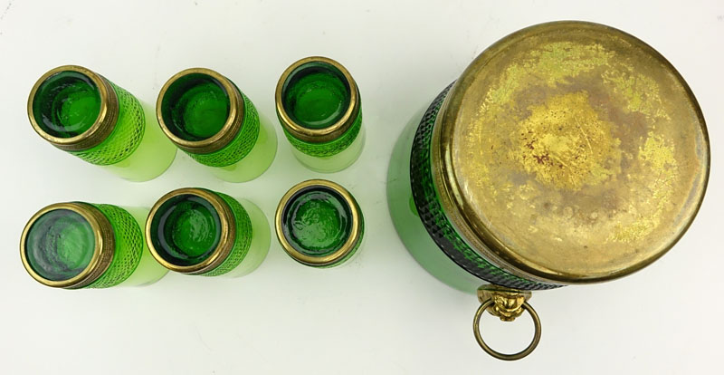 Vintage Bronze Mounted  Green Cut Glass Ice Bucket With 6 Matching Tumblers