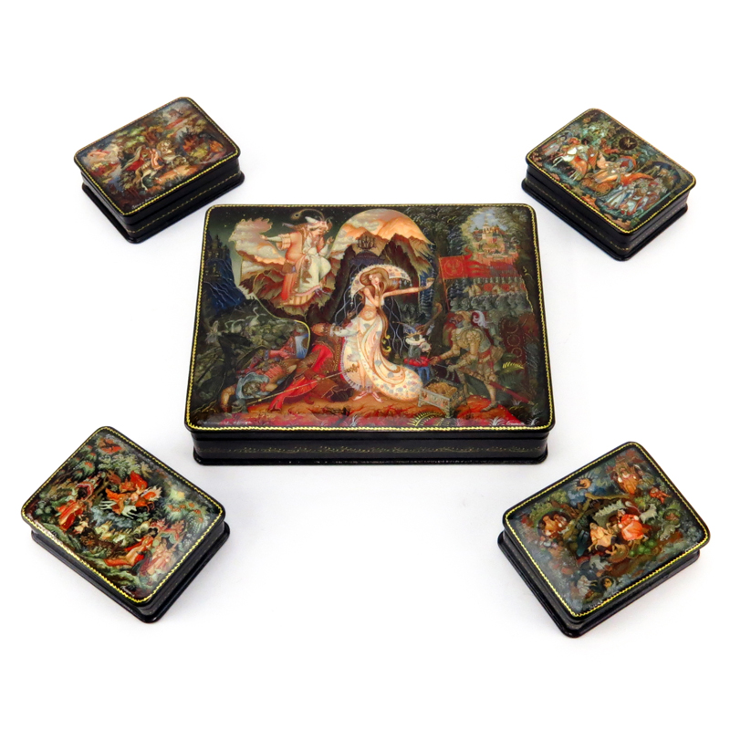 Large Russian Lacquer Box with Four (4) Smaller Boxes Inside