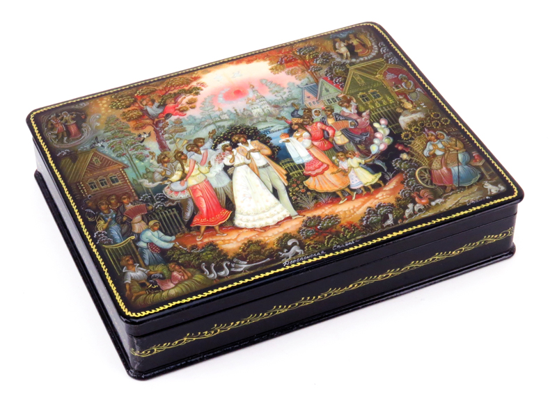 Large Russian Lacquer Box with Four (4) Smaller Boxes Inside