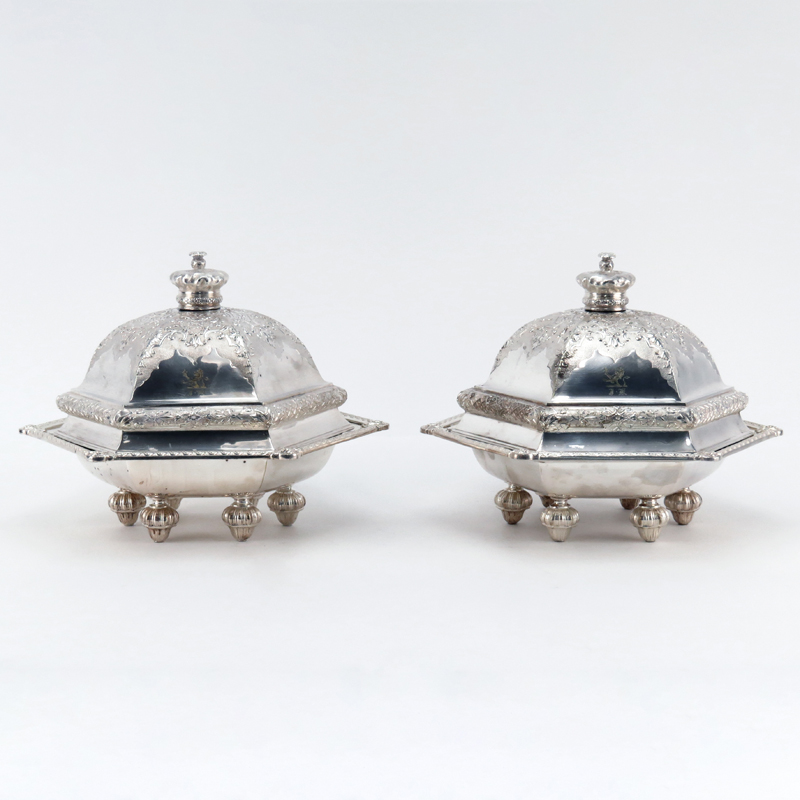 Pair of Circa 1855 English Robert Garrard Silver and Silver Plate Covered Vegetable Dishes