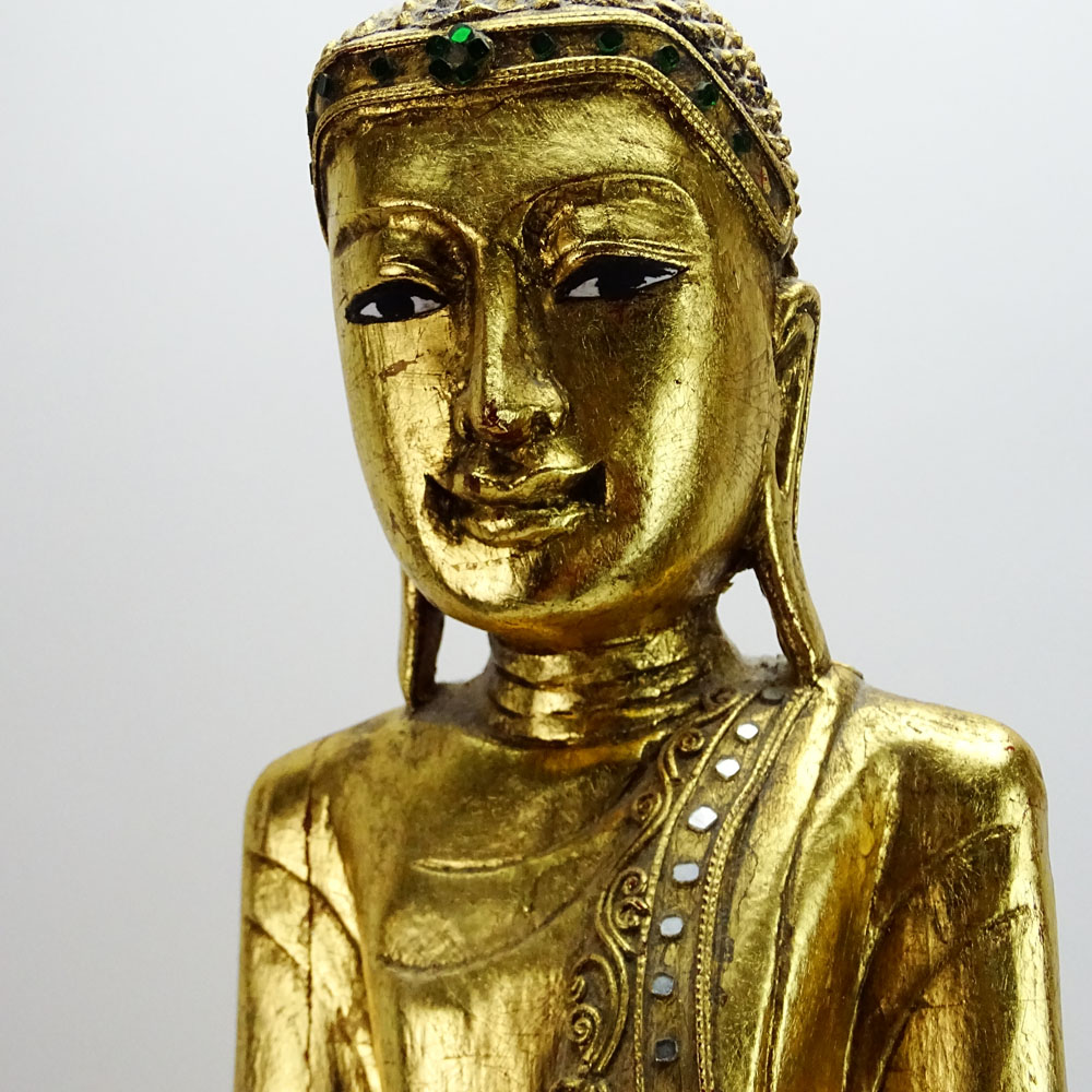 Modern Decorative Thai Carved Gilt and Jeweled Buddha Figure