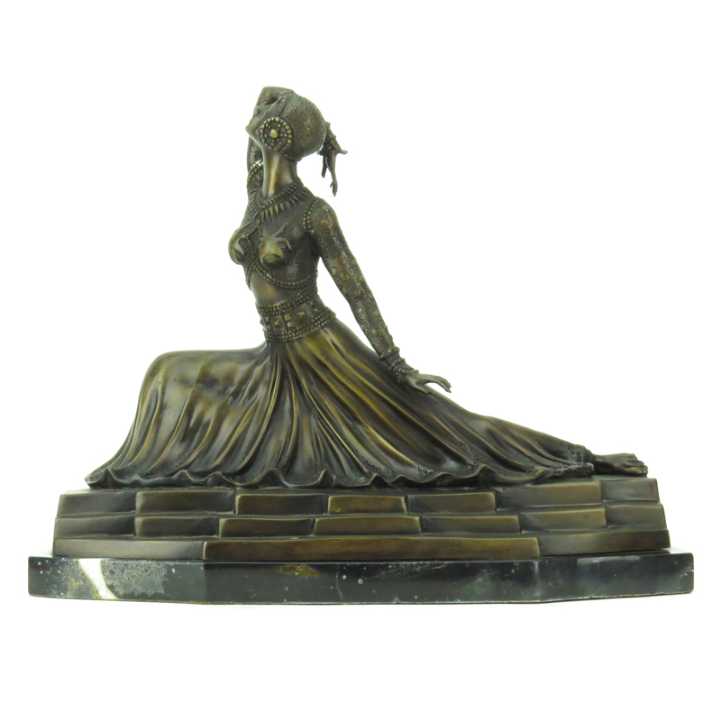 Mid Century Art Deco Chiparus Style Bronze Sculpture on Black Marble Base