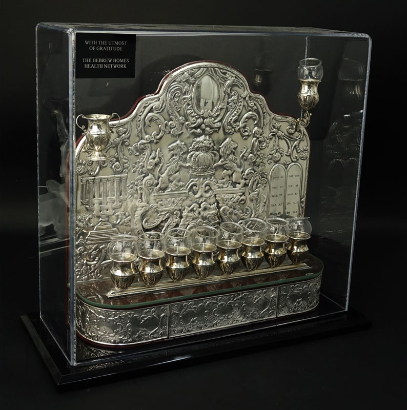 A Fine Sterling Silver Menorah On Lucite Stand With Cover