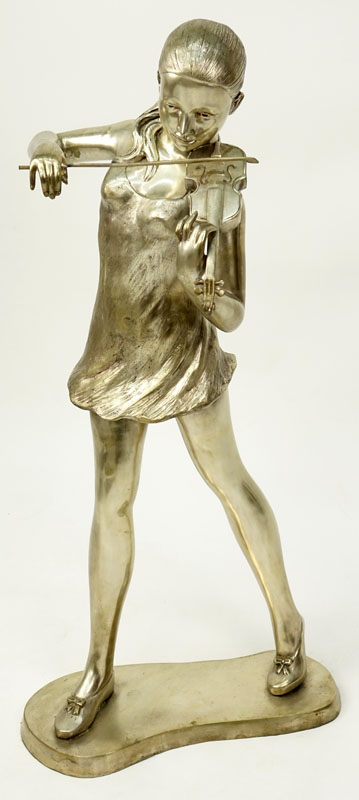 Modern Silver Color Bronze Sculpture of a Young Violinist
