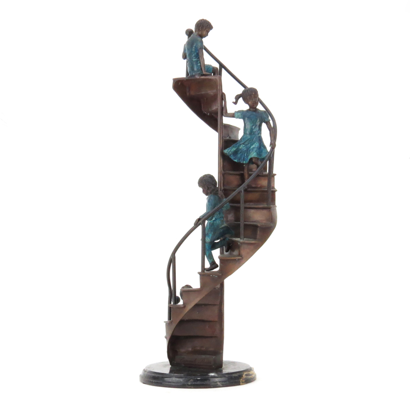 Leonardo Rossi (20th Century) "Stairway to Heaven" Painted Bronze Sculpture on Marble Base