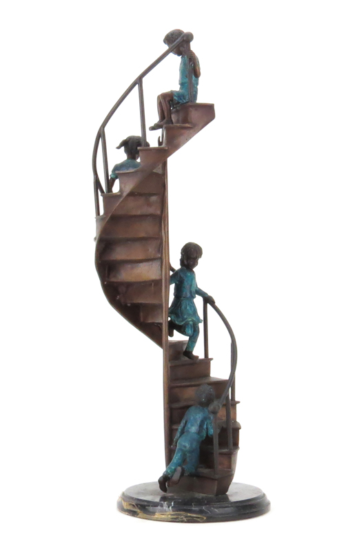 Leonardo Rossi (20th Century) "Stairway to Heaven" Painted Bronze Sculpture on Marble Base