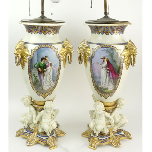 Pair of Old Paris Figural  Vases Now As Lamps