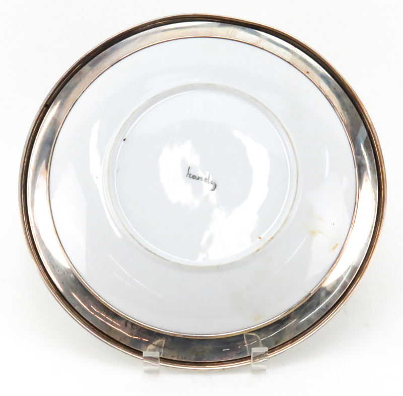 Vintage Hand Painted Porcelain Plate With Silver Rim