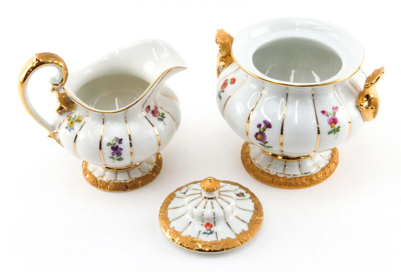 Four (4) Piece Meissen Gilt Hand Painted Porcelain Tea/Coffee Set