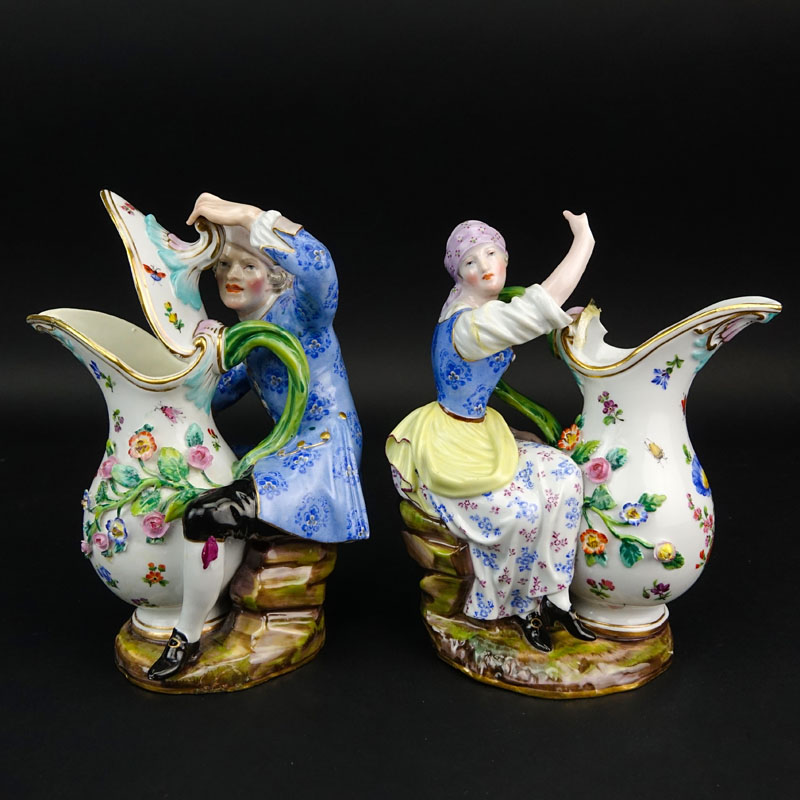 Antique Pair of Meissen Hand Painted Figural Creamers