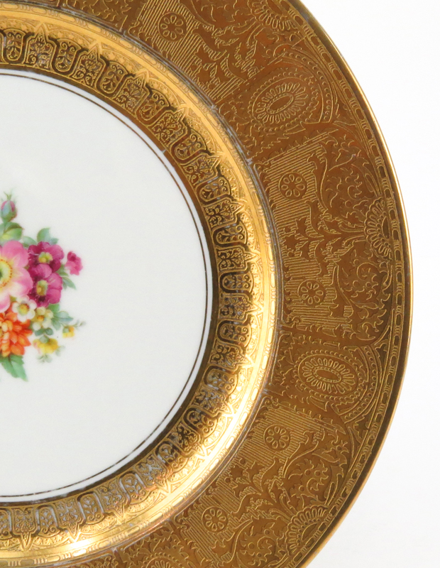 Set of Nine (9) Floral Decorated Gilt Rimmed Service Plates