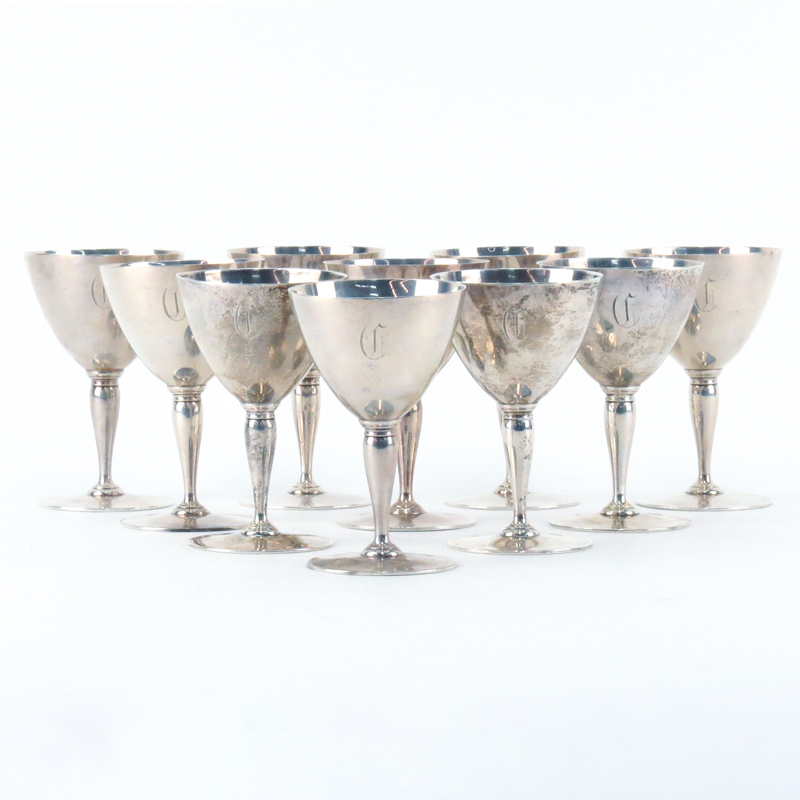 Set of Ten (10) Tiffany & Co. Sterling Silver Wine Glasses.