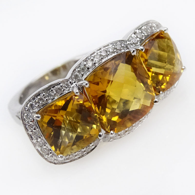 Lady's Citrine and 14 Karat White Gold Three Stone Ring Accented Throughout with Small Round Cut Diamonds