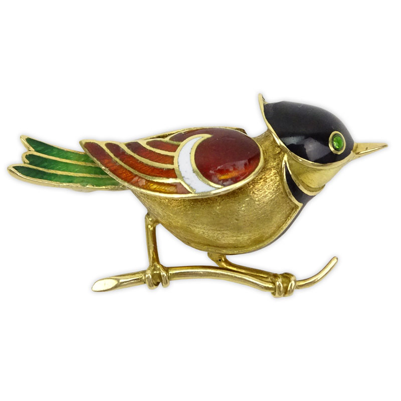 Vintage 18 Karat Yellow Gold and Enamel Bird Brooch