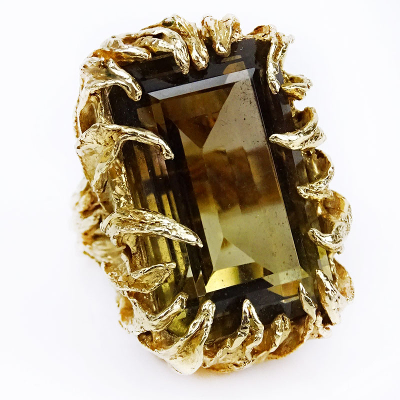 41.0 Carat Emerald Cut Smokey Topaz and 14 Karat Yellow Gold Ring.