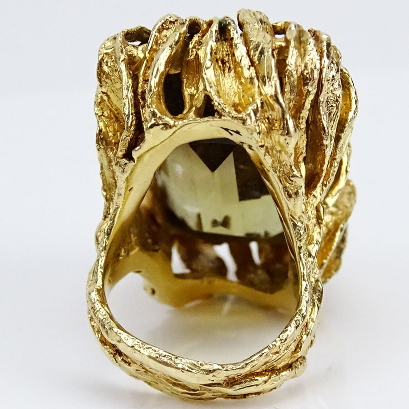 41.0 Carat Emerald Cut Smokey Topaz and 14 Karat Yellow Gold Ring.