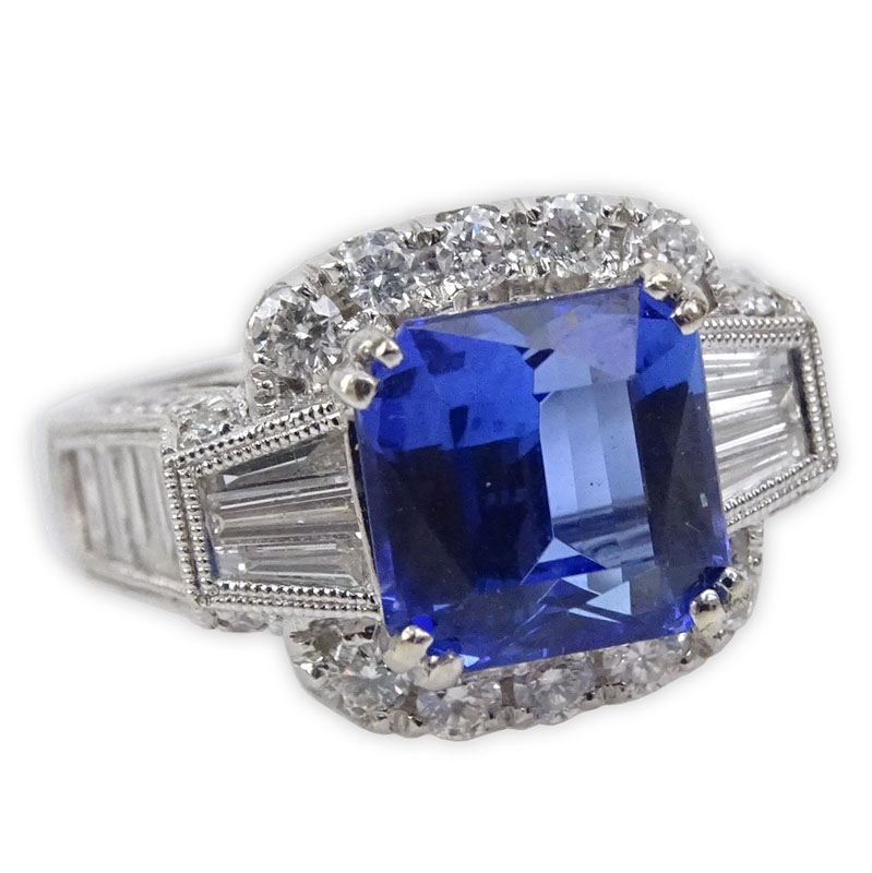 4.85 Carat Square Cut Tanzanite, 3.25 Carat Round Brilliant and Baguette Cut Diamond and 18 Karat White Gold Ring.