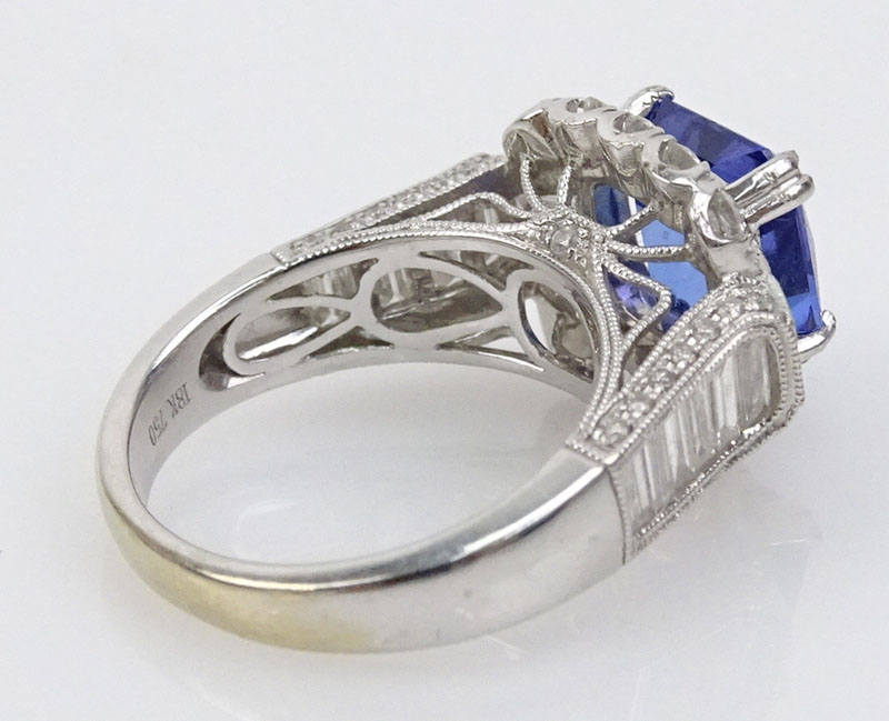 4.85 Carat Square Cut Tanzanite, 3.25 Carat Round Brilliant and Baguette Cut Diamond and 18 Karat White Gold Ring.