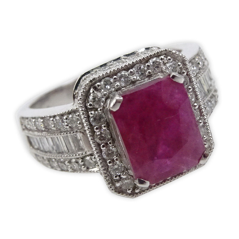  2.50 Carat Rectangular Cushion Cut Ruby, 1.0 Carat Round Brilliant and Baguette Cut Diamond and 18 Karat White Gold Ring. 