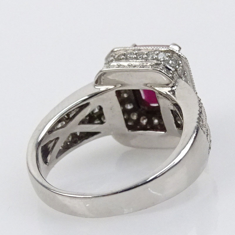  2.50 Carat Rectangular Cushion Cut Ruby, 1.0 Carat Round Brilliant and Baguette Cut Diamond and 18 Karat White Gold Ring. 