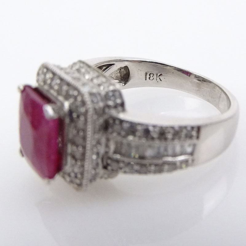  2.50 Carat Rectangular Cushion Cut Ruby, 1.0 Carat Round Brilliant and Baguette Cut Diamond and 18 Karat White Gold Ring. 