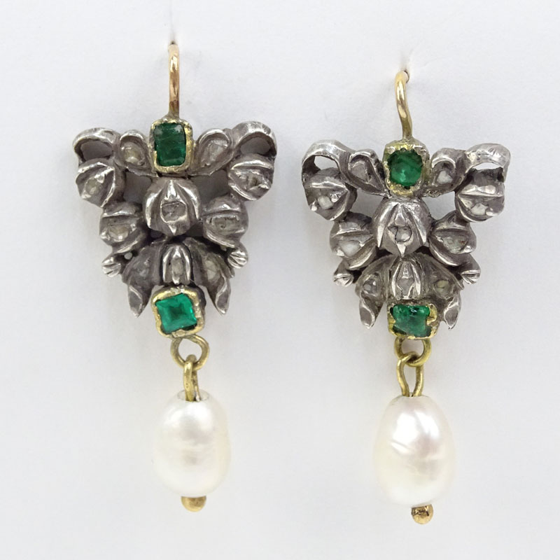 Antique style Emerald, Baroque Pearl, 18 Karat Yellow Gold and Silver Earrings