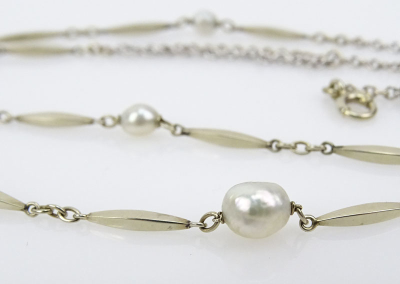 Delicate Vintage French 14 Karat White Gold and Baroque Pearl Necklace