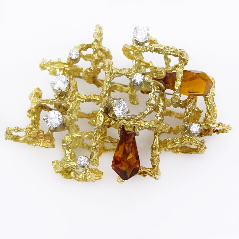 Retro Italian 18 Karat Yellow Gold, Round Brilliant Cut Diamond and Briolette Cut Citrine Pendant/Brooch