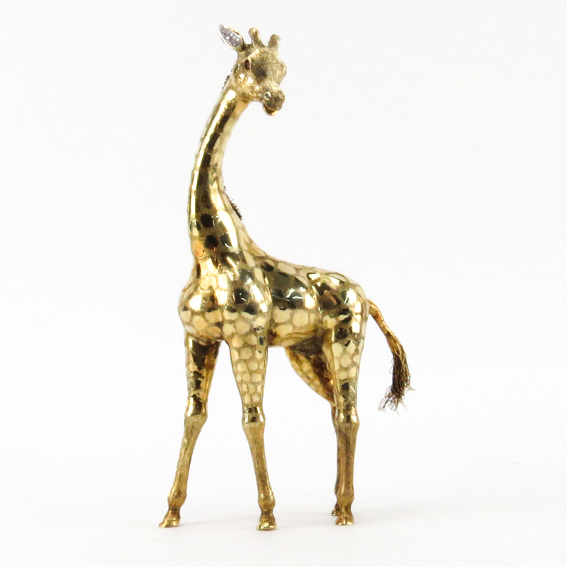 Vintage Buccellati style 14 Karat Yellow Gold Giraffe Figure with Pave Diamond Ears and Ruby Eyes