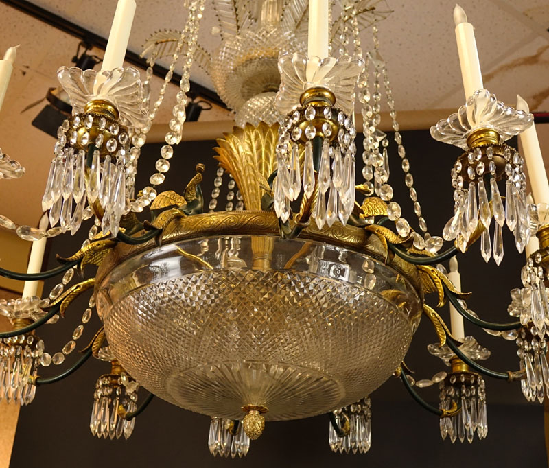 Large Antique French Empire style, Possibly Baccarat 12 Arm Bronze and Crystal 3 Tiered Chandelier