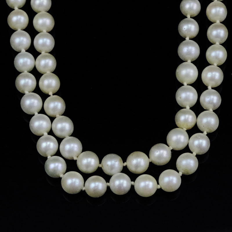 Vintage Double Strand White Pearl Necklace with 14 Karat Yellow Gold and Diamond Clasp