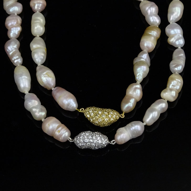 Vintage Multicolor Baroque Pearl Necklace with One Each 14 Karat Yellow and White Gold Bean Shape Spacer, each pave set with small Round Cut Diamonds