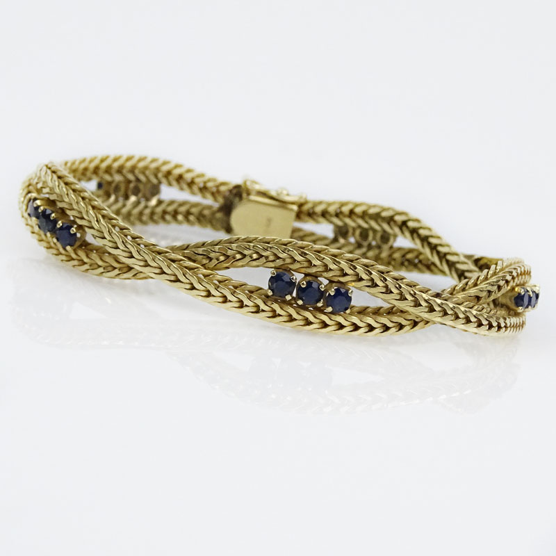 Vintage 14 Karat Yellow Gold Flexible Rope Link Bracelet with Round Cut Sapphires