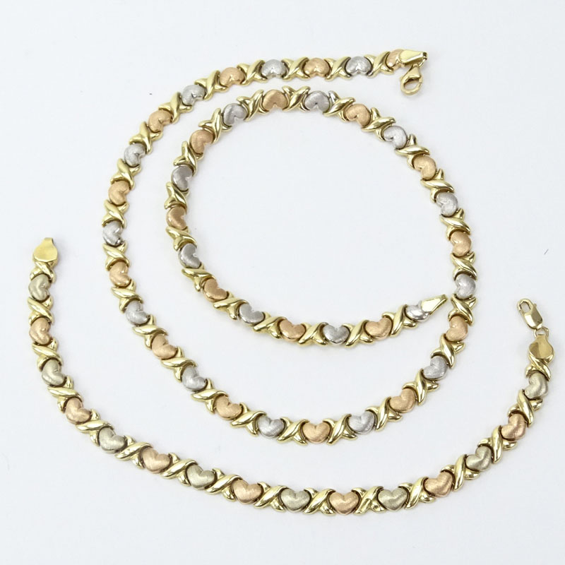 14 Karat Tri-color Gold Heart Necklace and Bracelet Suite