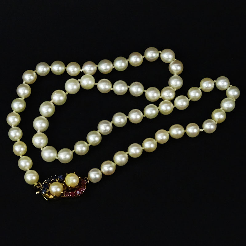 Vintage Single Strand Pearl Necklace with Sapphire, Ruby and 14 Karat Yellow Gold Clasp