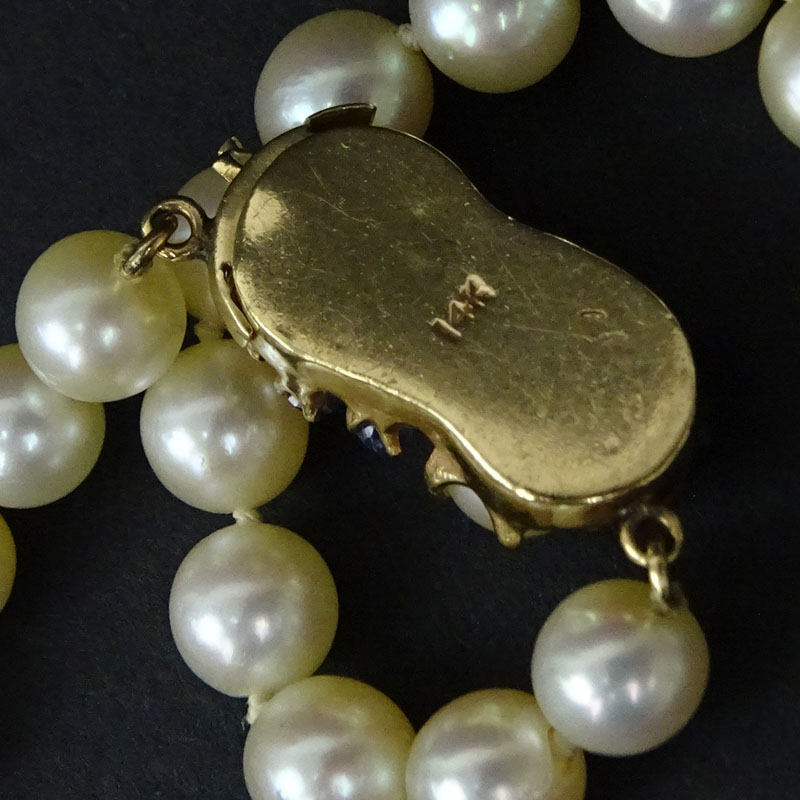 Vintage Single Strand Pearl Necklace with Sapphire, Ruby and 14 Karat Yellow Gold Clasp